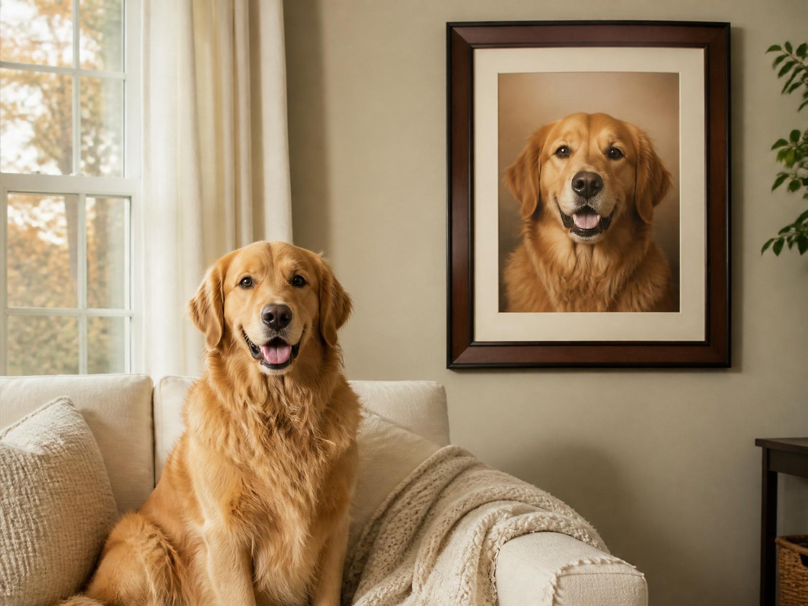 A happy golden retriever sitting on a couch beside a framed portrait of the same dog on the wall — an example of a Healed Memories pet memorial portrait.