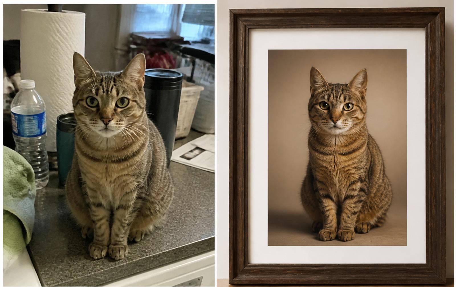 A casual iPhone snapshot of a tabby cat on a cluttered counter, next to a framed natural portrait of the same cat with a clean background.