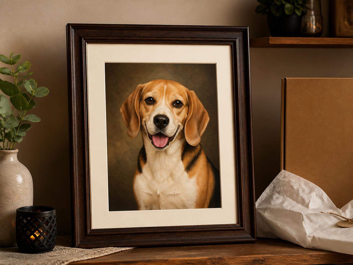A premium framed pet memorial portrait of a beagle on a wooden shelf, alongside tissue paper and a kraft delivery box.