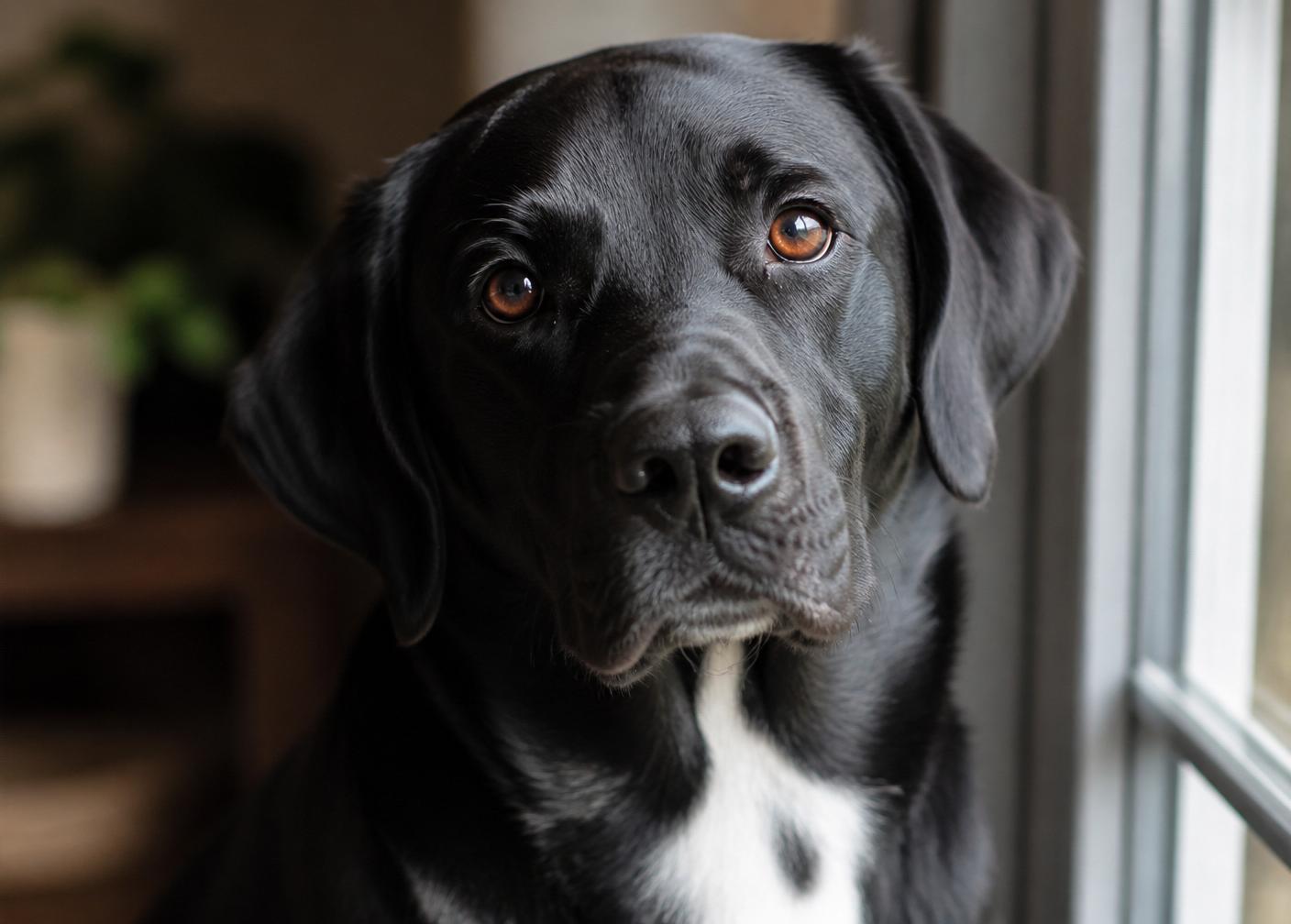 Close-up of a black labrador with a distinctive white chest patch and warm expressive eyes.