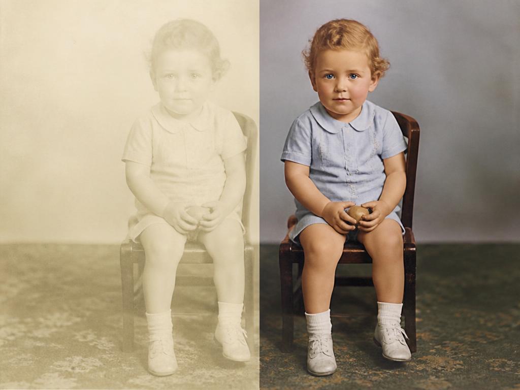 Faded photo of a child, before and after restoration and colorisation