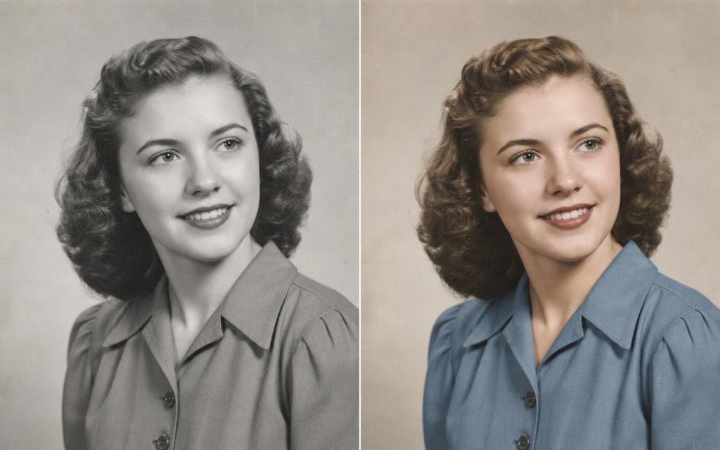 Black and white family photo before and after colorization