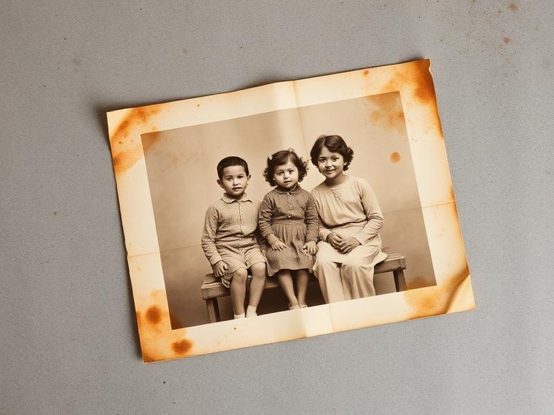 Vintage family photo covered in brown stains and mildew spots