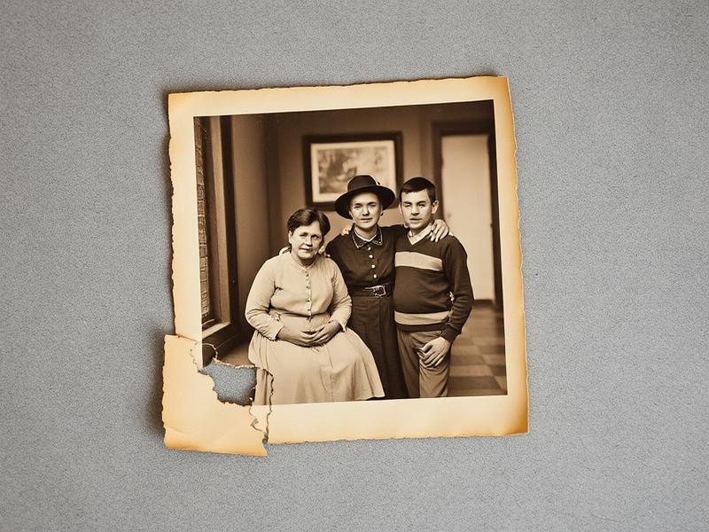 Old family photo torn with a missing corner
