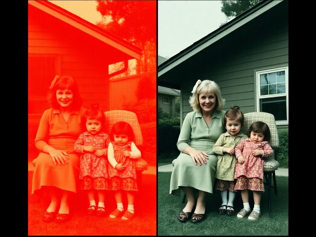 1970s color family snapshot with orange cast before and after color correction