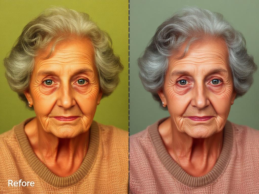 1980s portrait with green color cast before and after restoration
