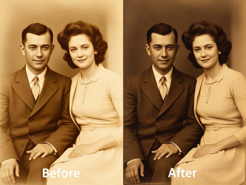 Severely faded portrait of a couple before and after restoration