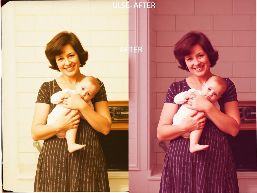 Faded 1960s snapshot of a mother and baby before and after restoration