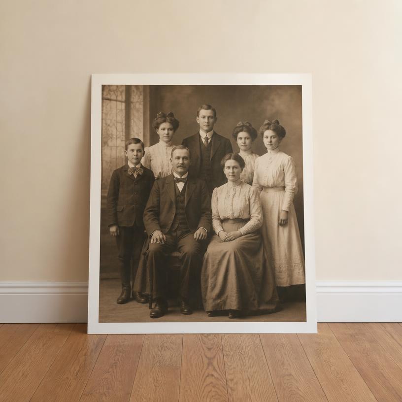 Restored family photo enlarged to a 16 by 20 inch framed print