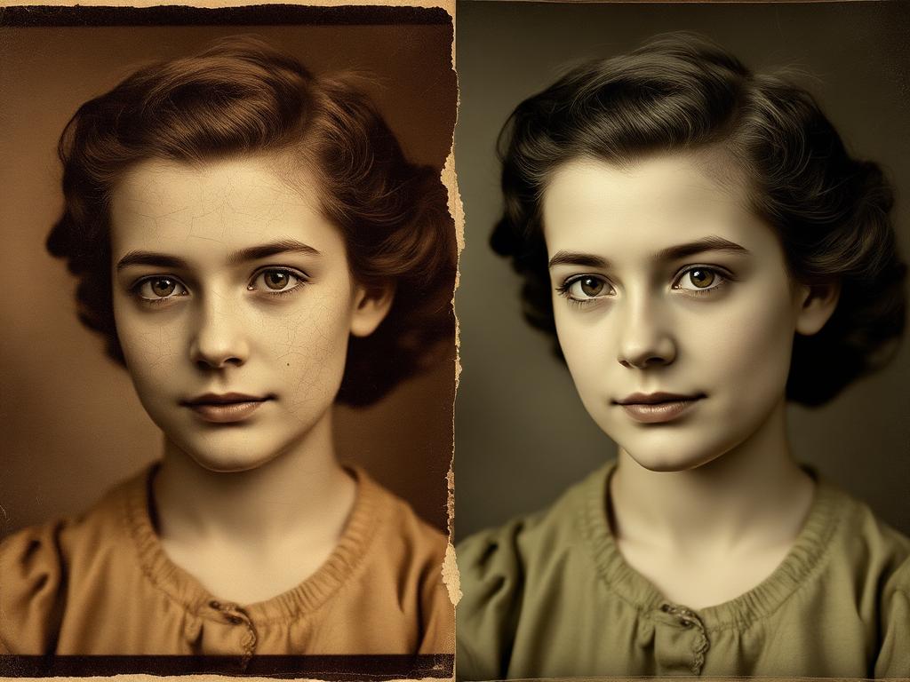 Scratched vintage portrait before and after restoration