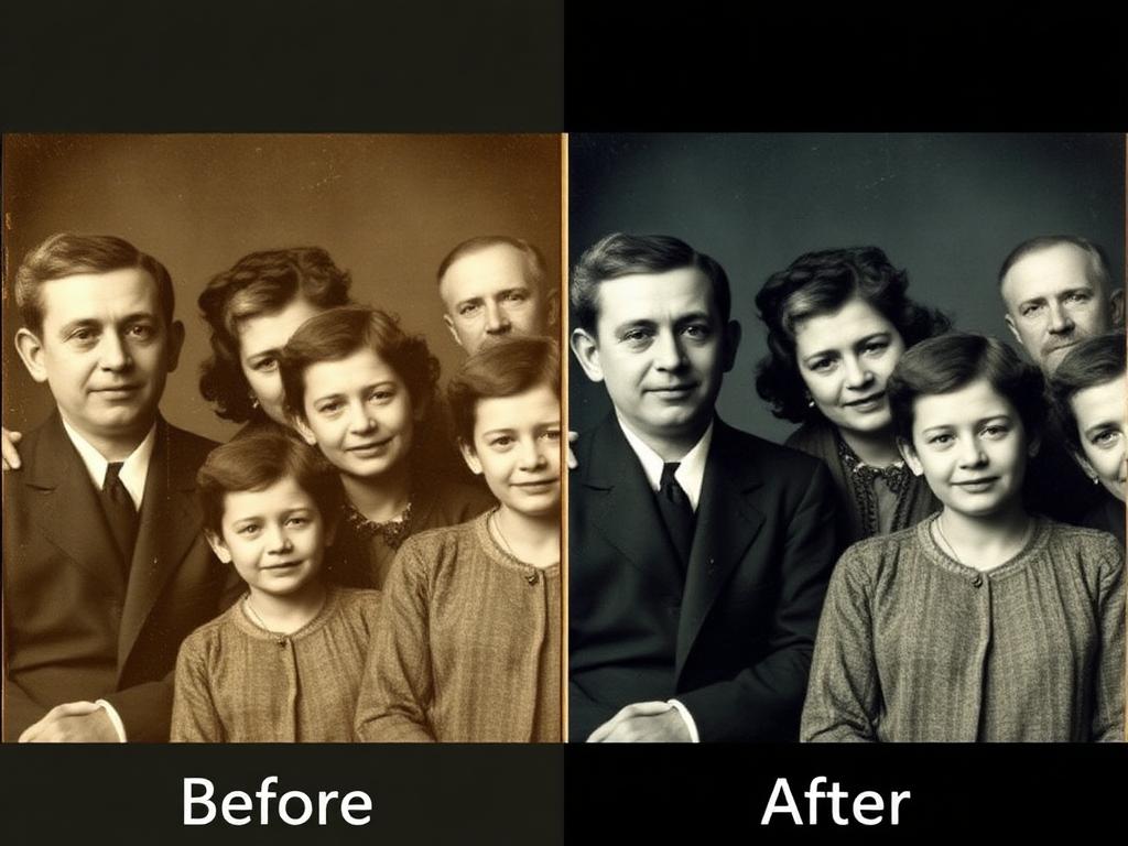 Family group photo with scratches before and after restoration