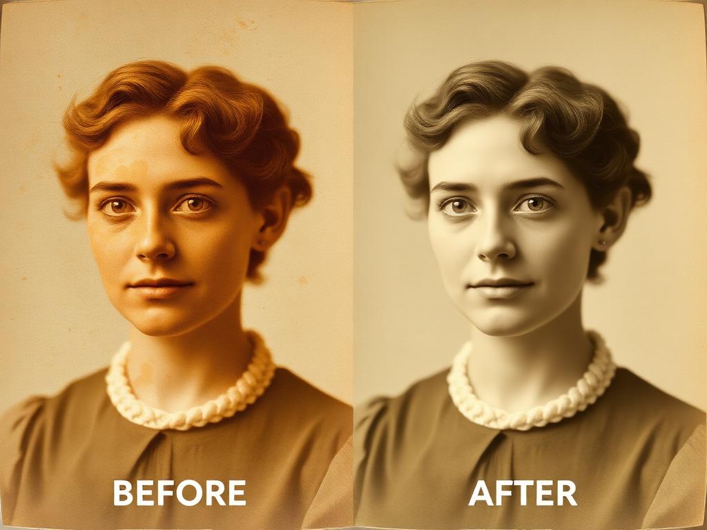 Vintage portrait with brown foxing stains before and after restoration