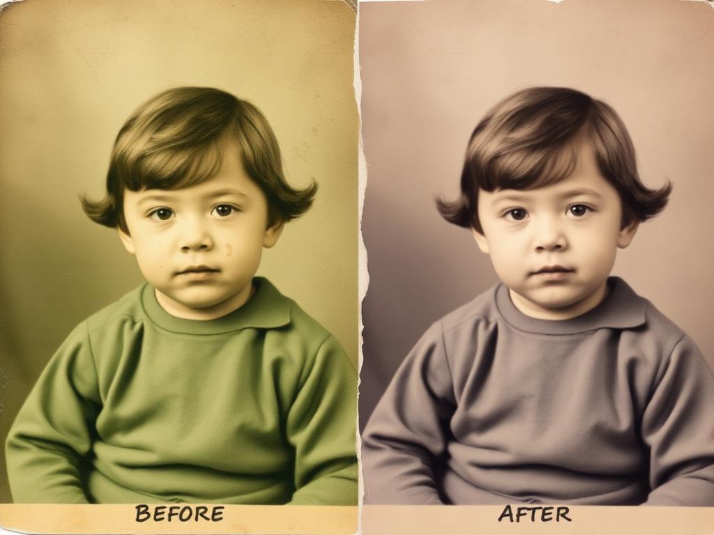 Old snapshot of a child with mold spotting before and after restoration