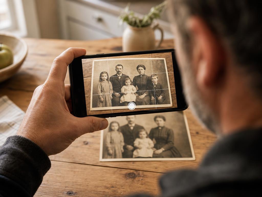 Hands photographing an old family print on a kitchen table with a phone