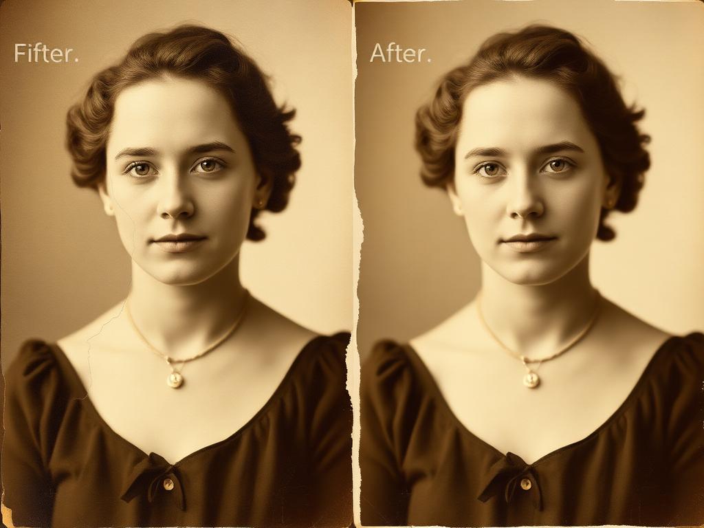 Torn vintage portrait before and after restoration