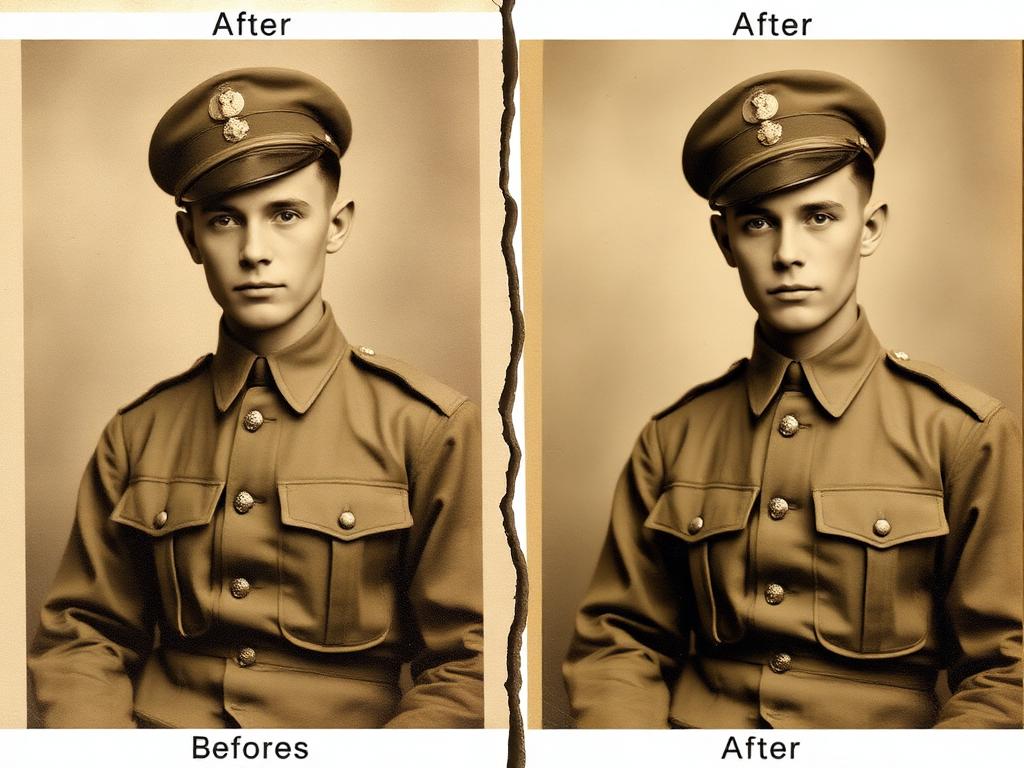 Creased and torn photograph of a soldier before and after restoration