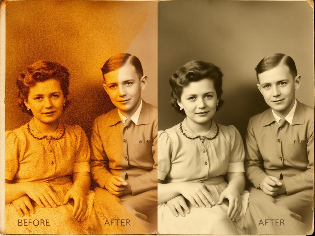 Water-damaged 1940s family portrait before and after restoration