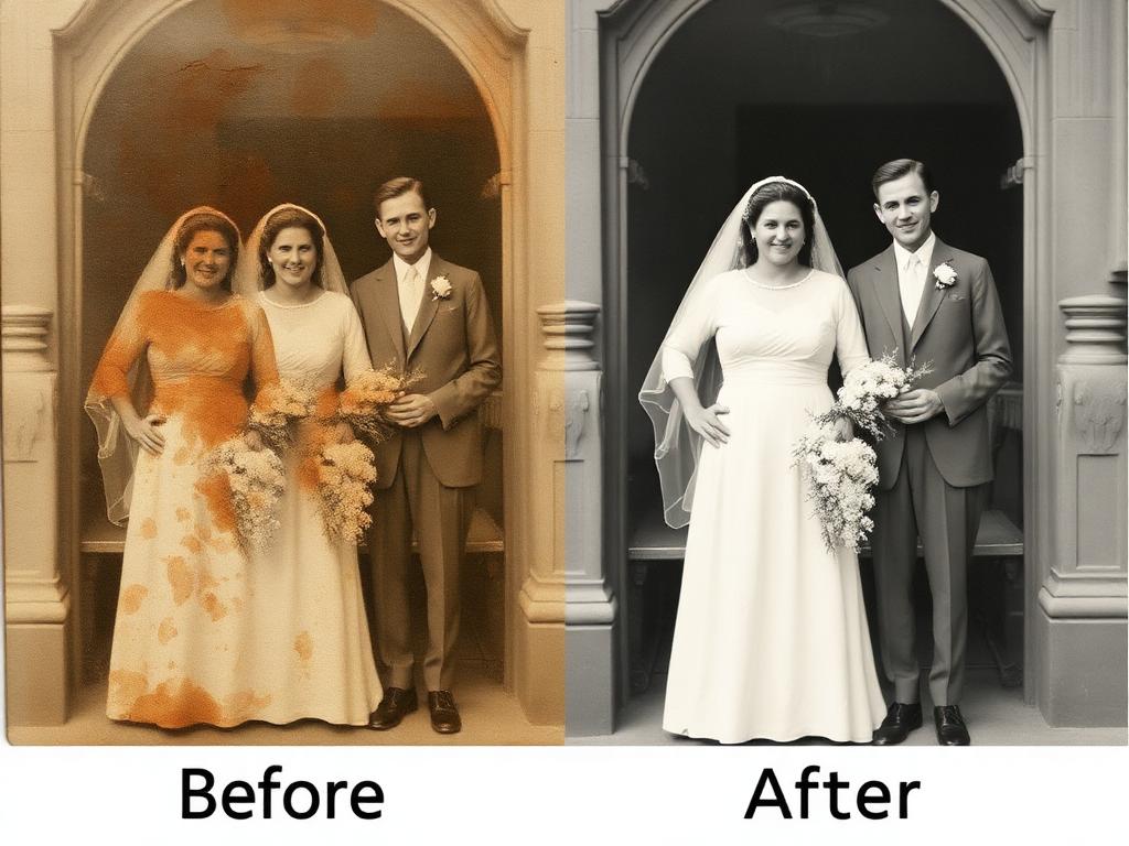Water-stained wedding photograph before and after restoration